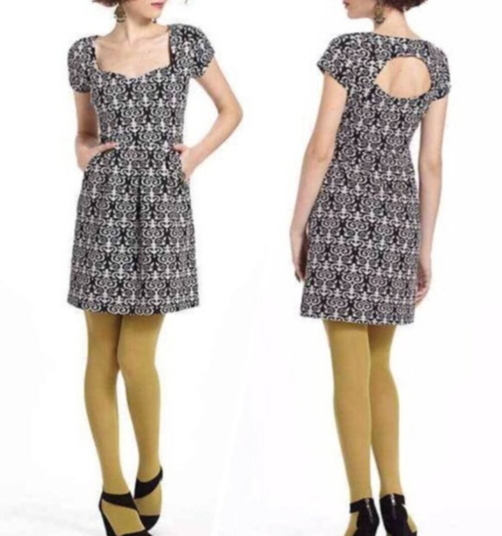 Anthropologie Deletta Quilted Calendolia Dress S Small Black Floral Swirl Print